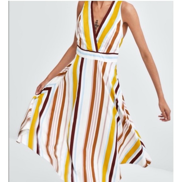 Zara TRF Halter Dress Size S Open Tie Back Fit Flare Swing Sleeveless Striped - Picture 1 of 8